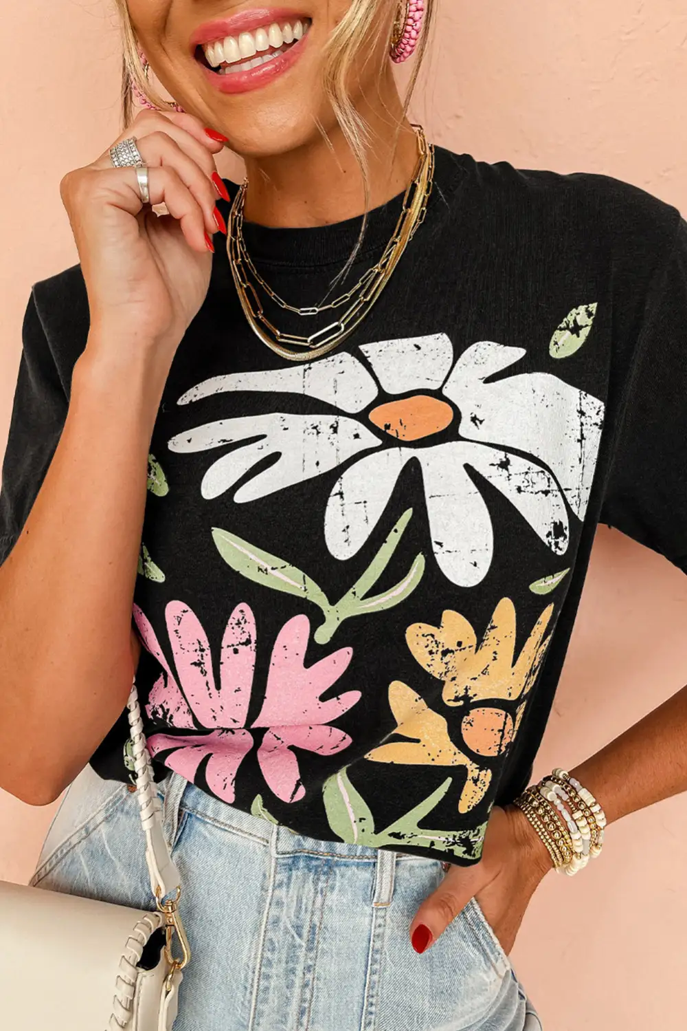 Black Retro Floral Print Crew