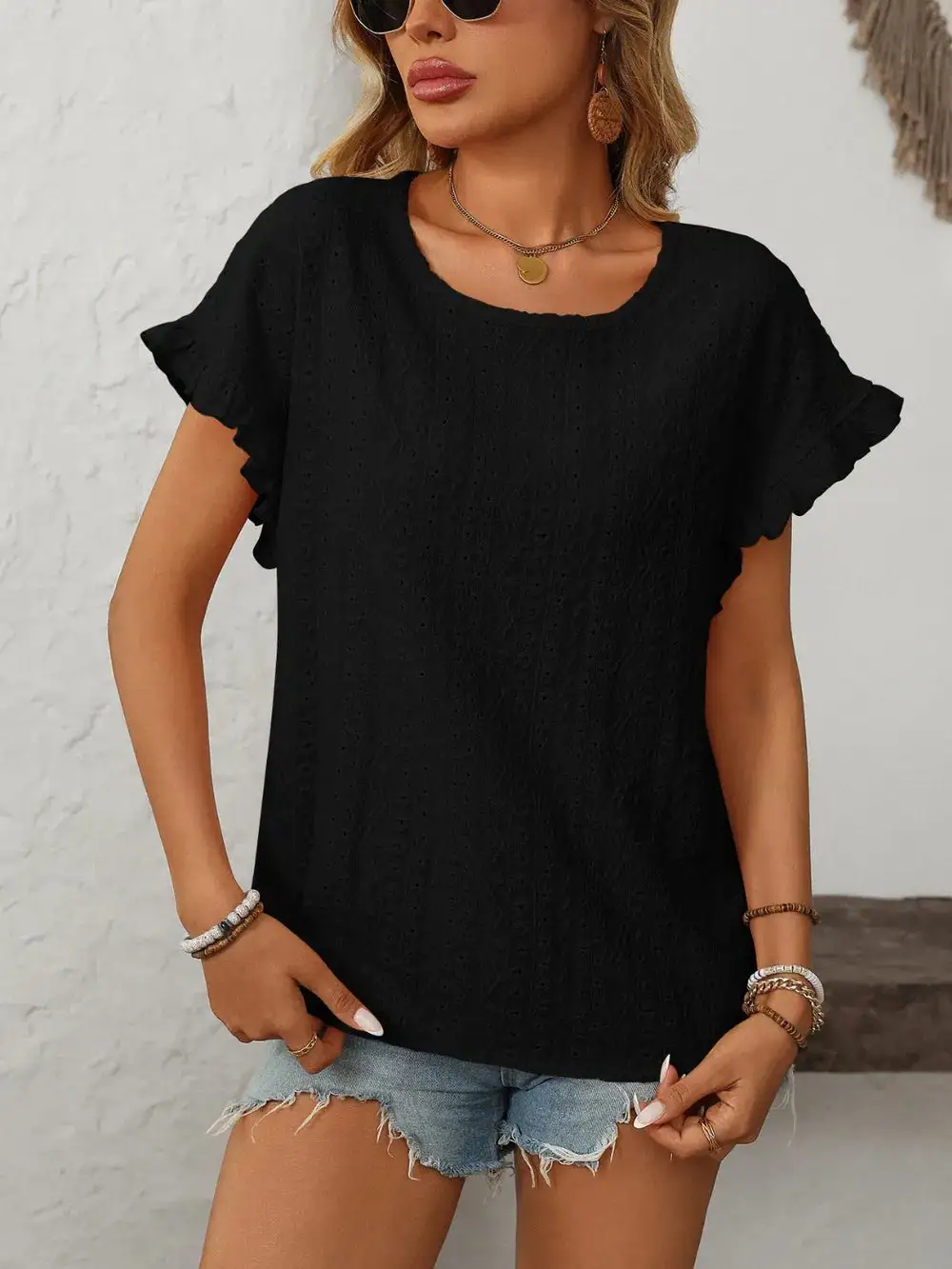 Mandy Eyelet Frill Round Neck Short Sleeve Top