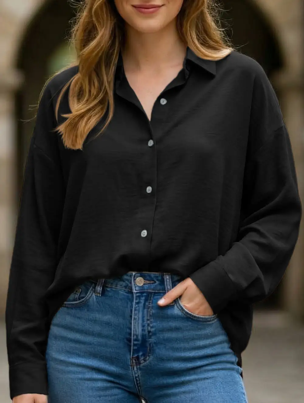 Soft Drape Collared Button-Down Shirt