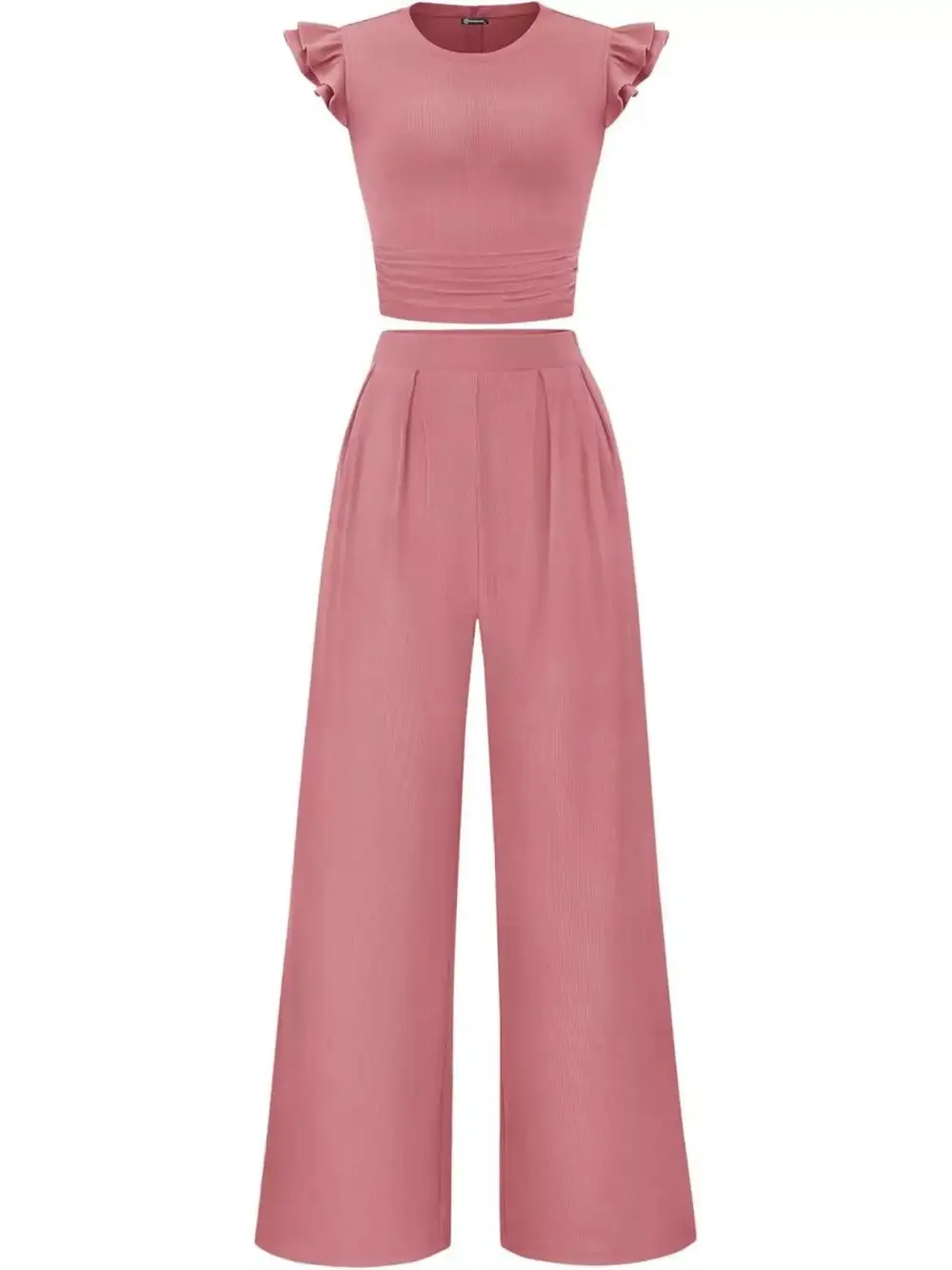 Ruffled Mock Neck Top and Wide Leg Pants Set