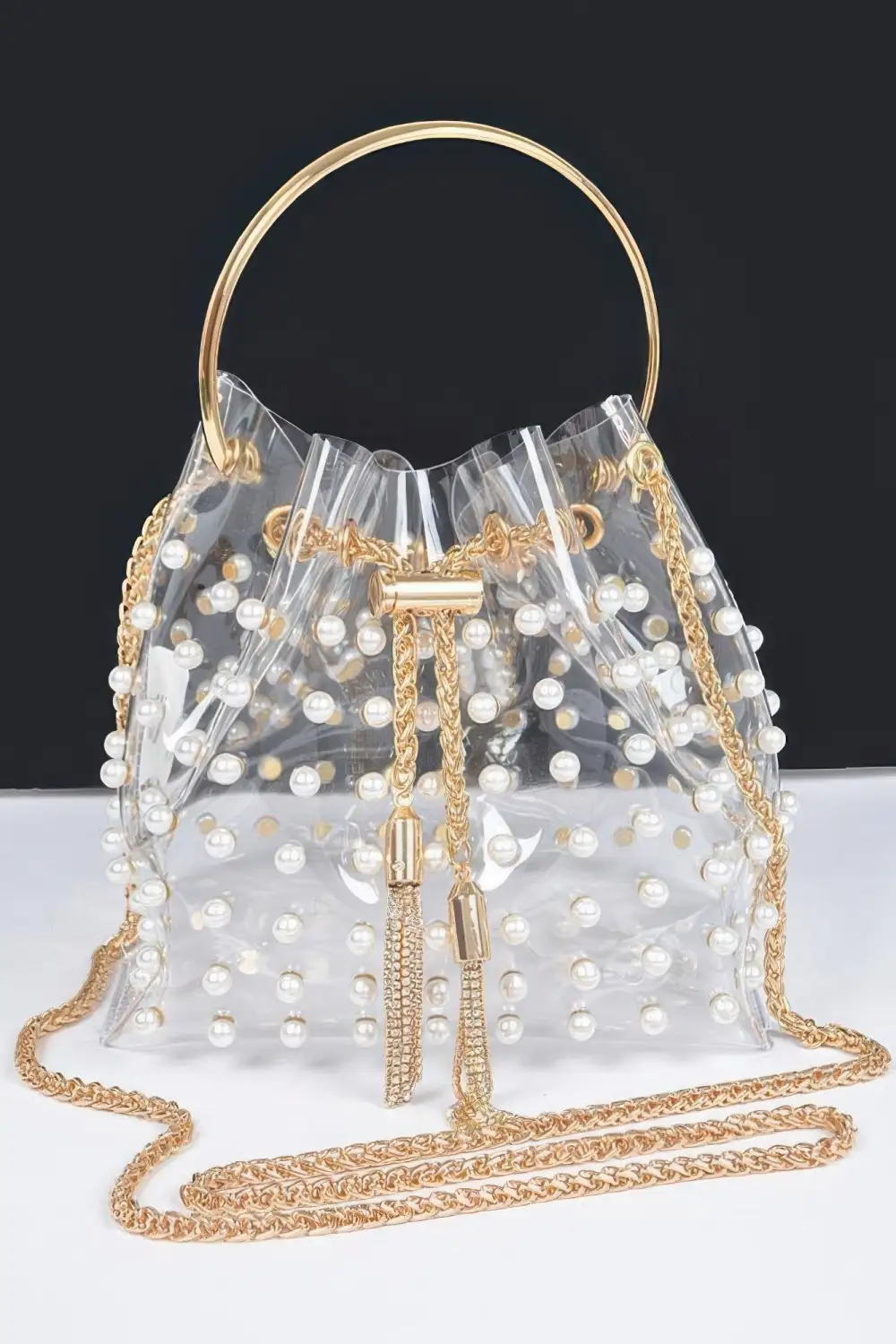 Clear Pearl Stud Bucket Bag with chain Tassle