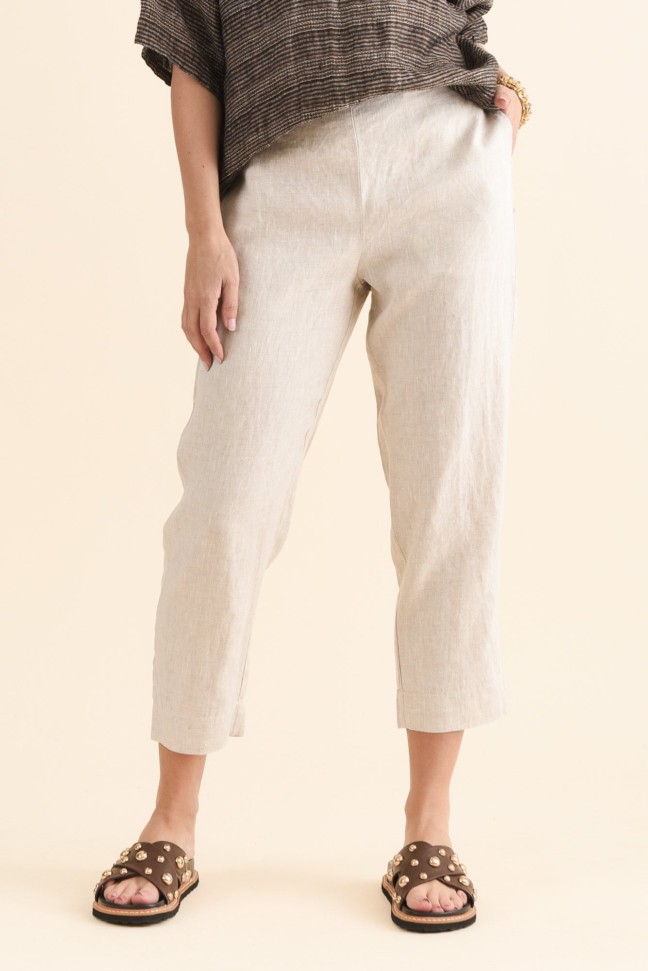 Straight Leg Pants With High Rise And Elastic Waist