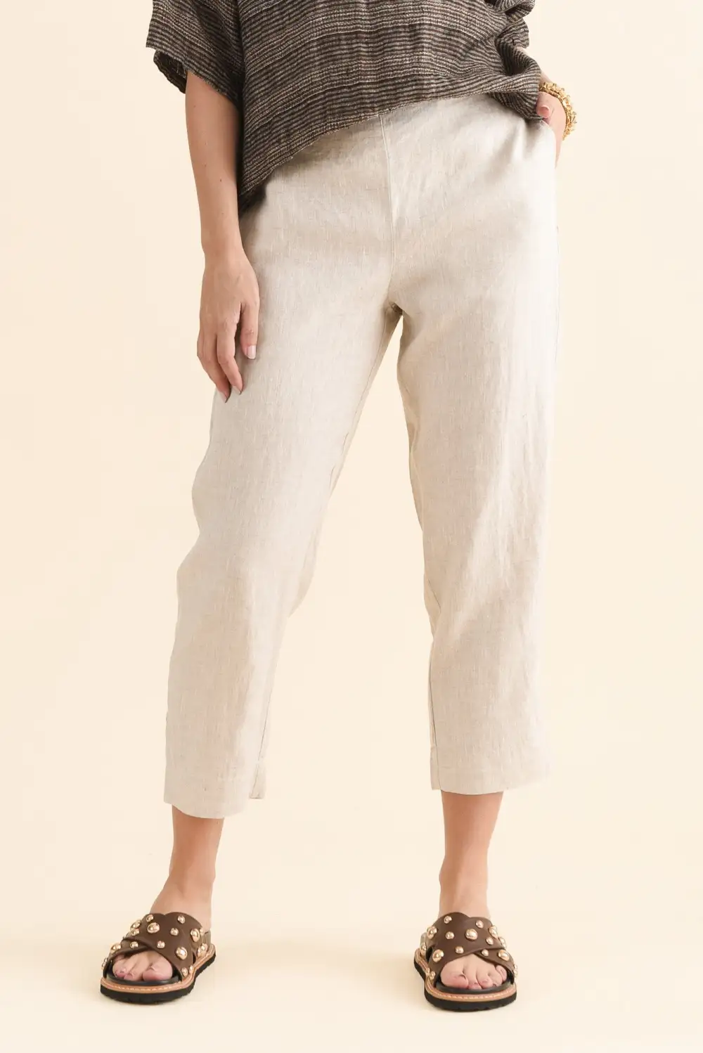 Straight Leg Pants With High Rise And Elastic Waist