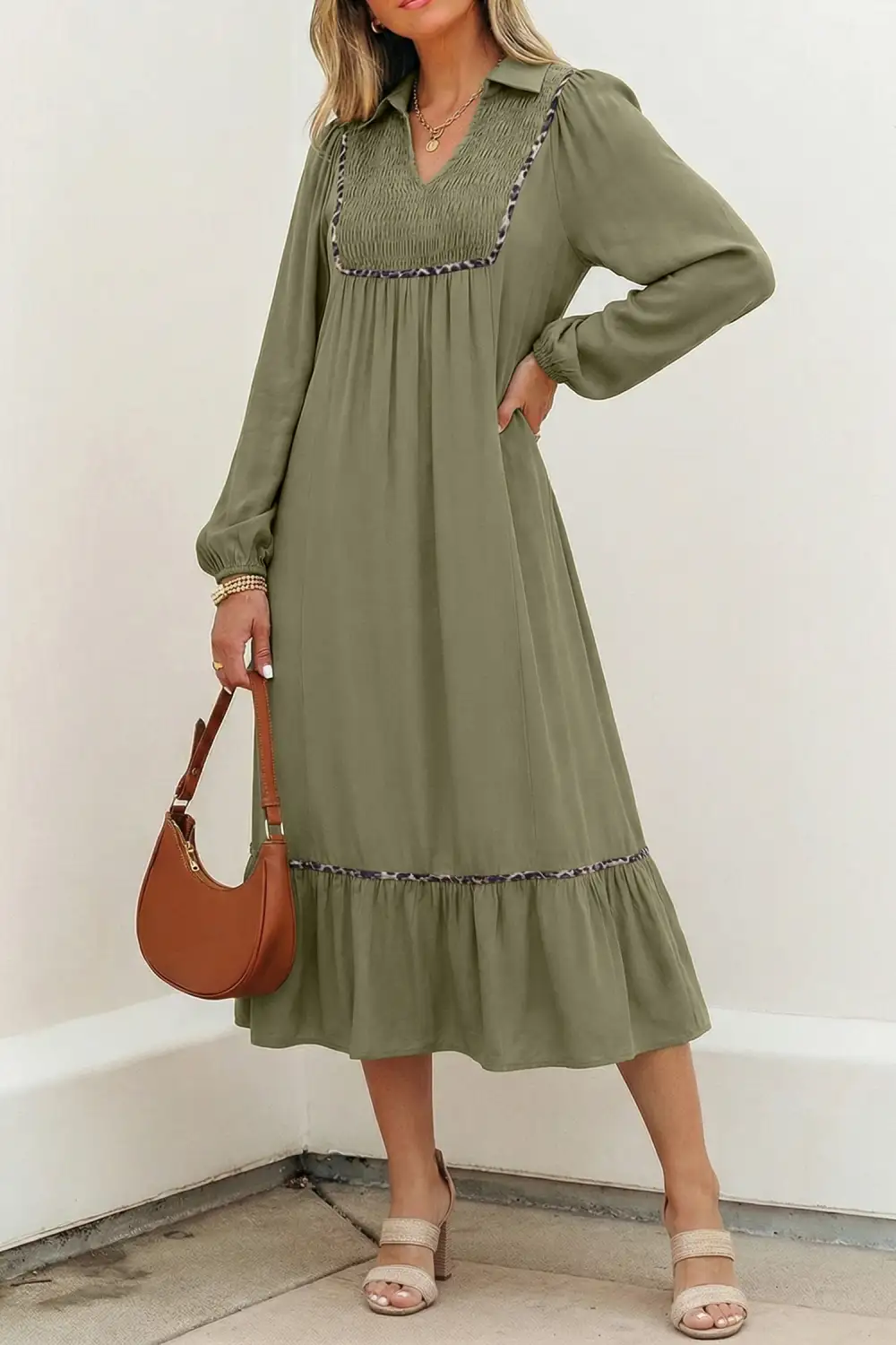 Collared V Neck Smocked Detail Contrast Leopard Trim Bracelet Sleeve Long Dress