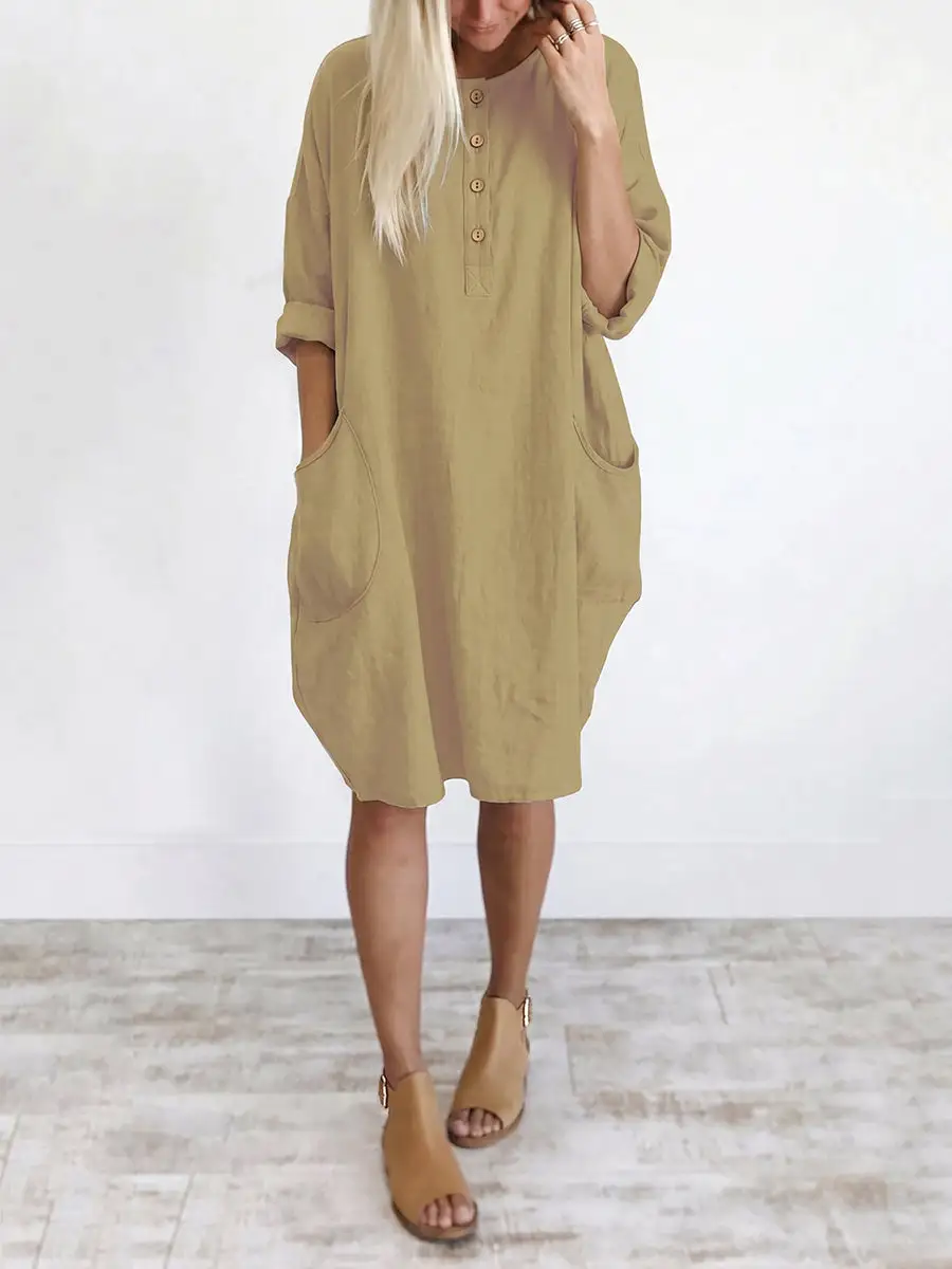 Refined Long Sleeve Relaxed Pocket Solid Color Round Neck Mini Dress