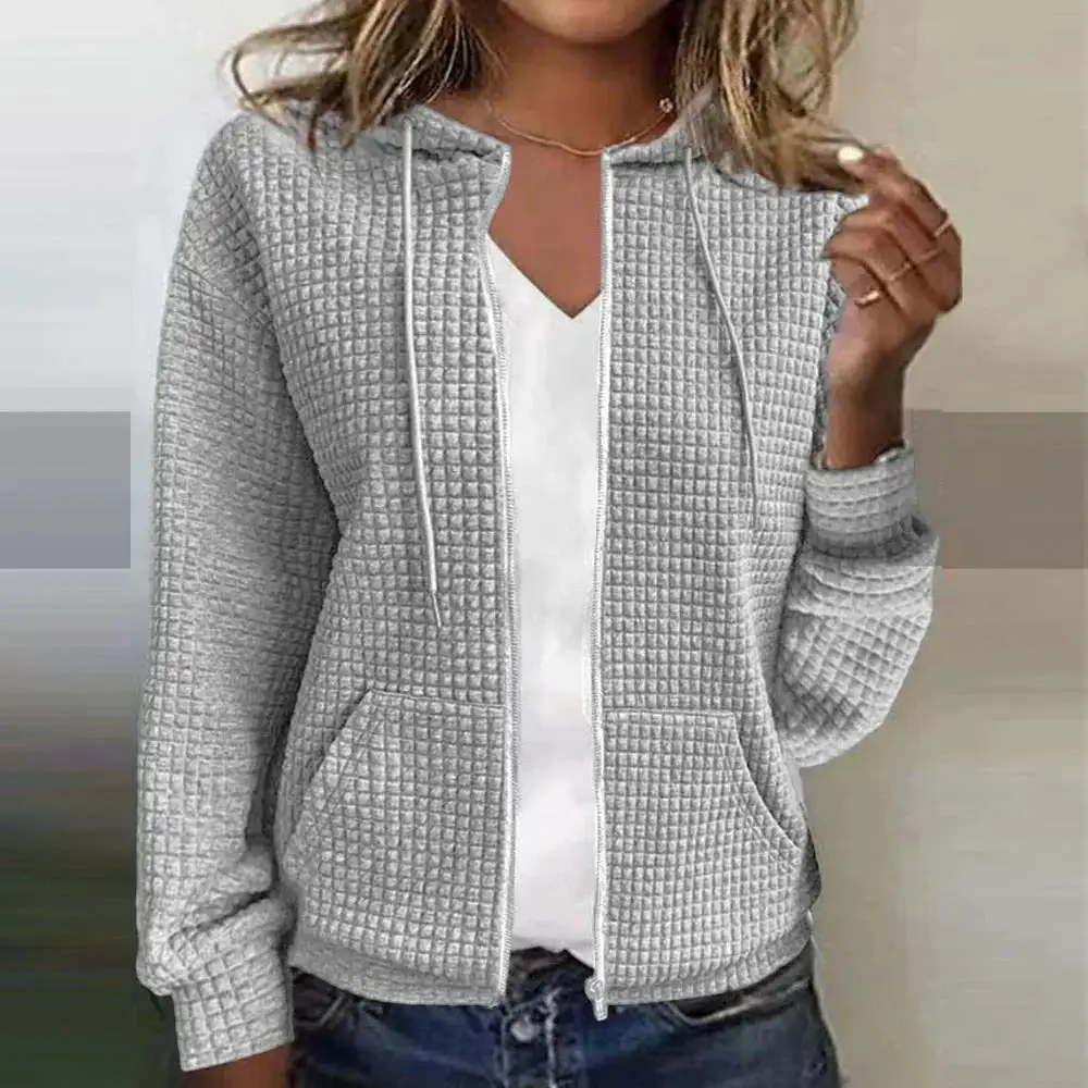  Waffle Knit Zip Up Hooded Jacket