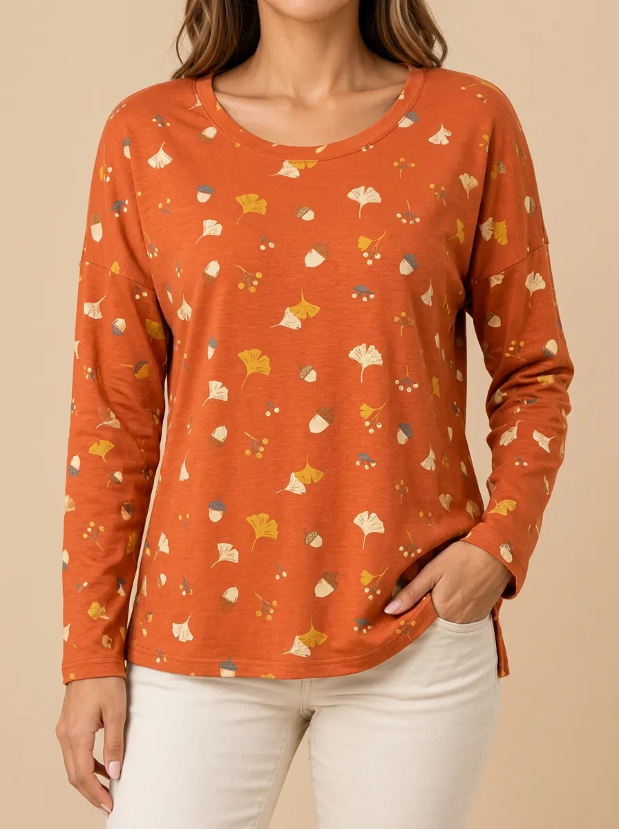 Ginkgo Branch with Acorn Illustration Long Sleeve Top
