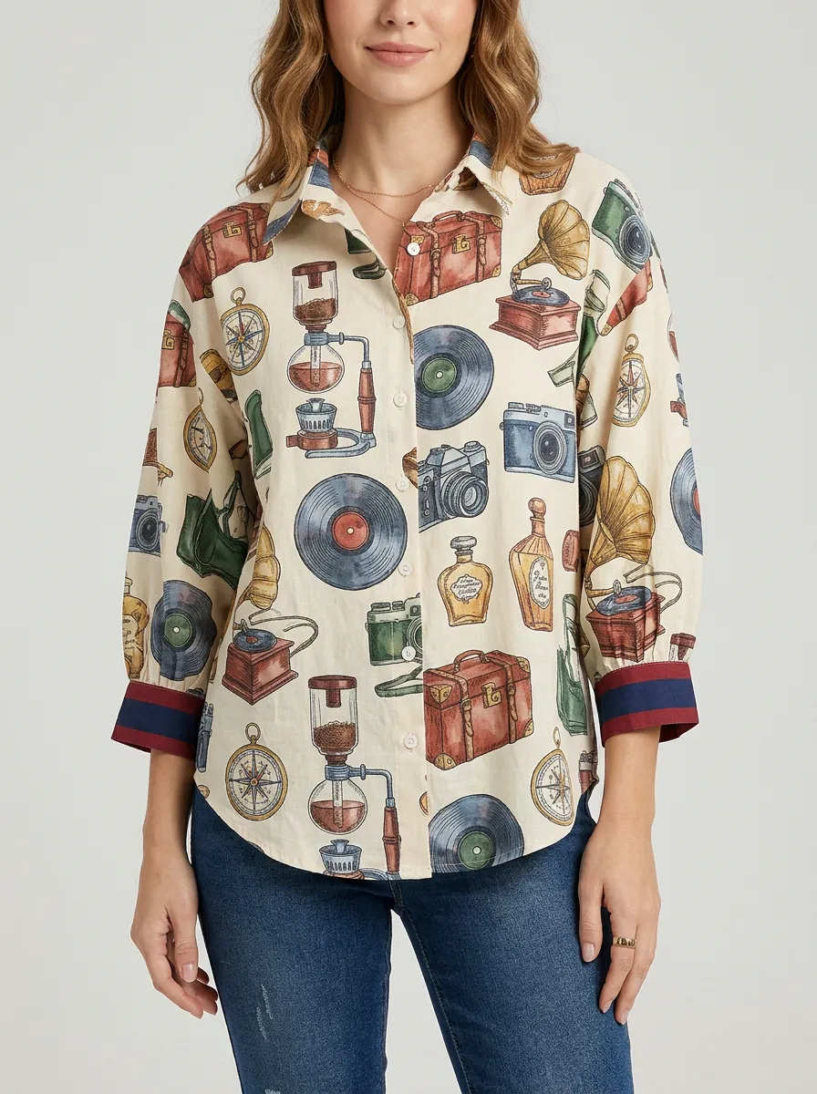Women's Vintage Travel Hobbyist Retro Object Graphic Shirt
