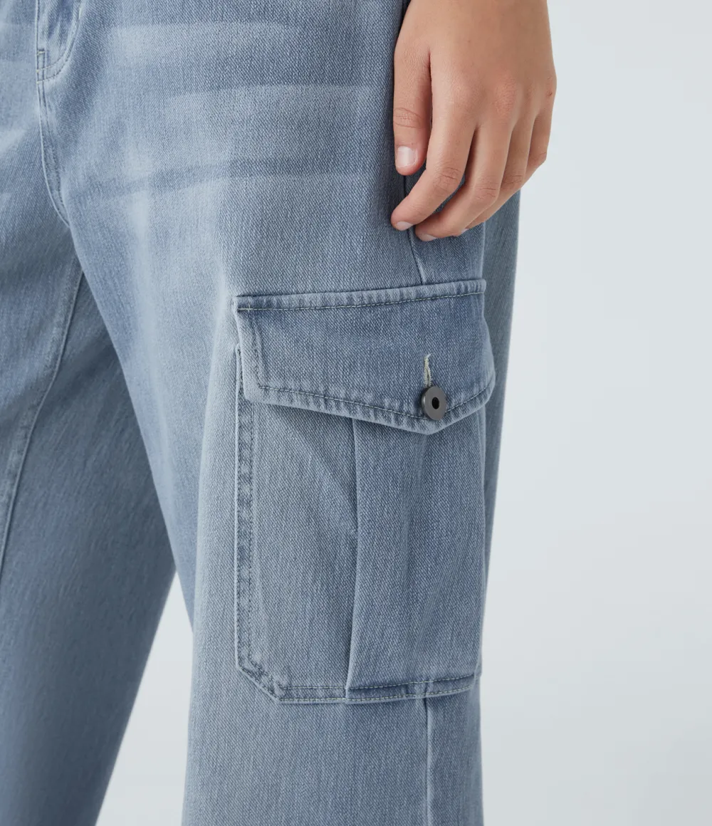 Magic Low Rise Multiple Pockets Stretchy Knit Casual Wide Leg Cargo Jeans