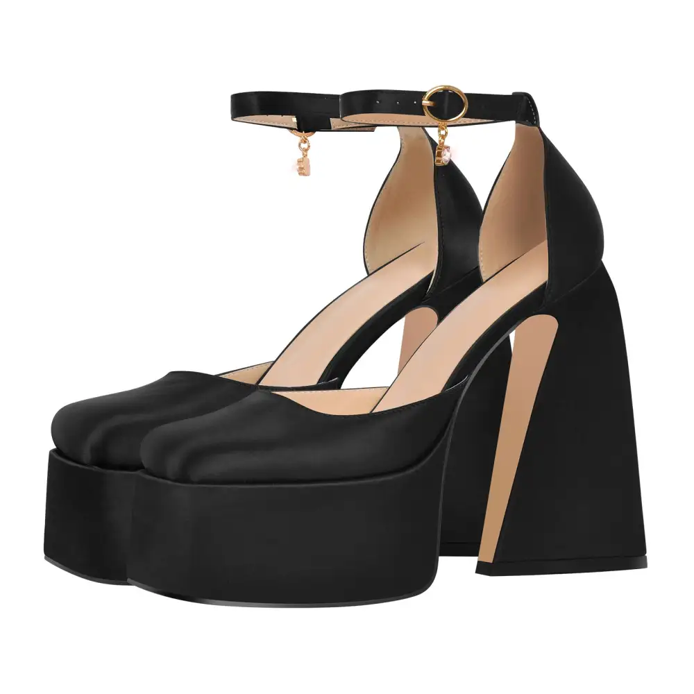 Patent Finish Square Toe Platform Chunky Heel Ankle Strap Pumps
