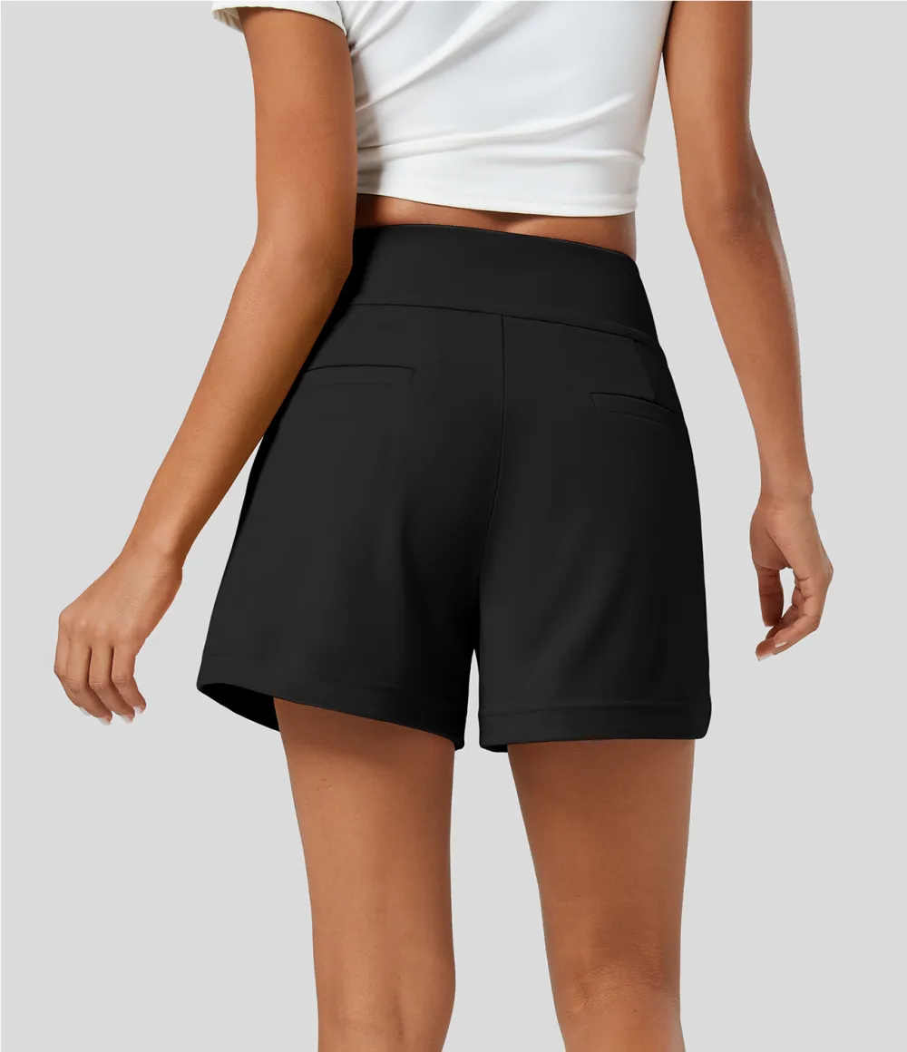 High Waisted Plicated Side Pocket Wide Leg Work Shorts