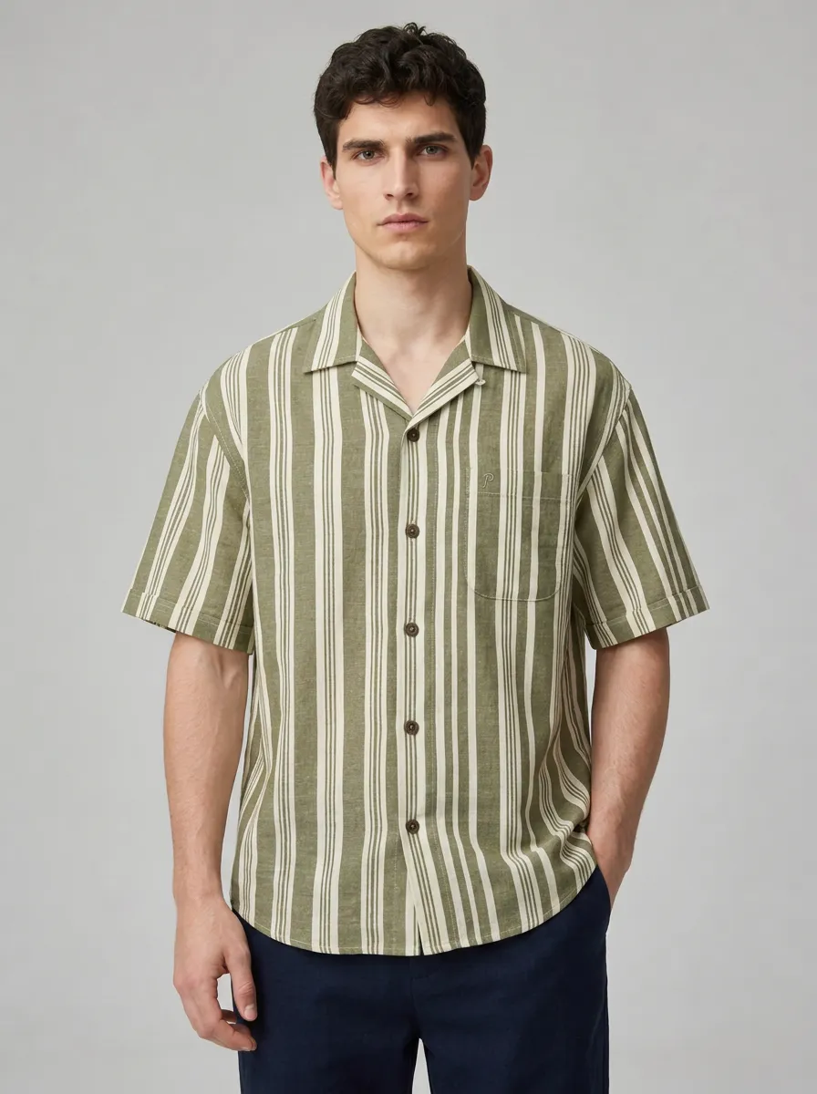 Men's Casual Summer Olive Green Striped Printed Short Sleeve Shirt