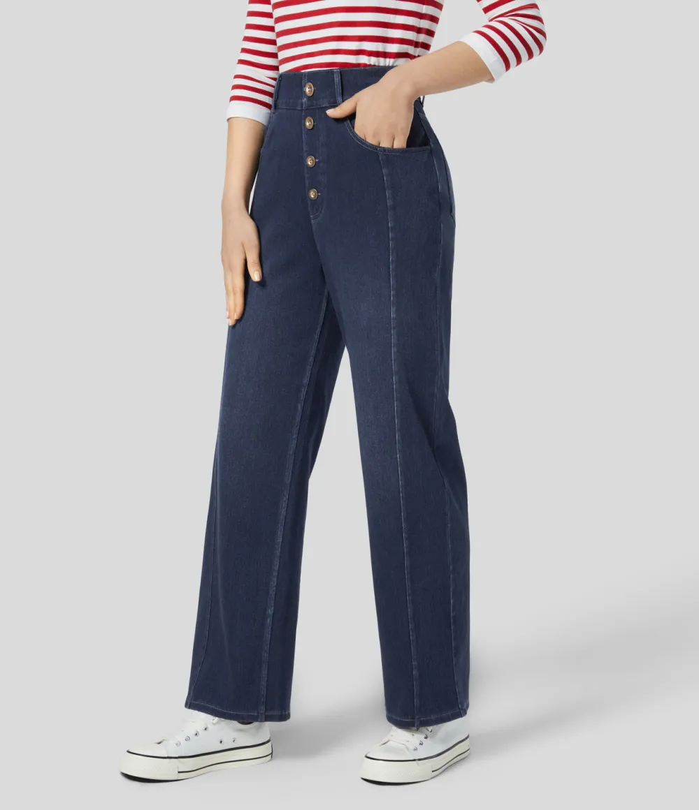 Magic High Waisted Decorative Button Multiple Pockets Straight Leg Stretchy Knit Casual Boyfriend Jeans