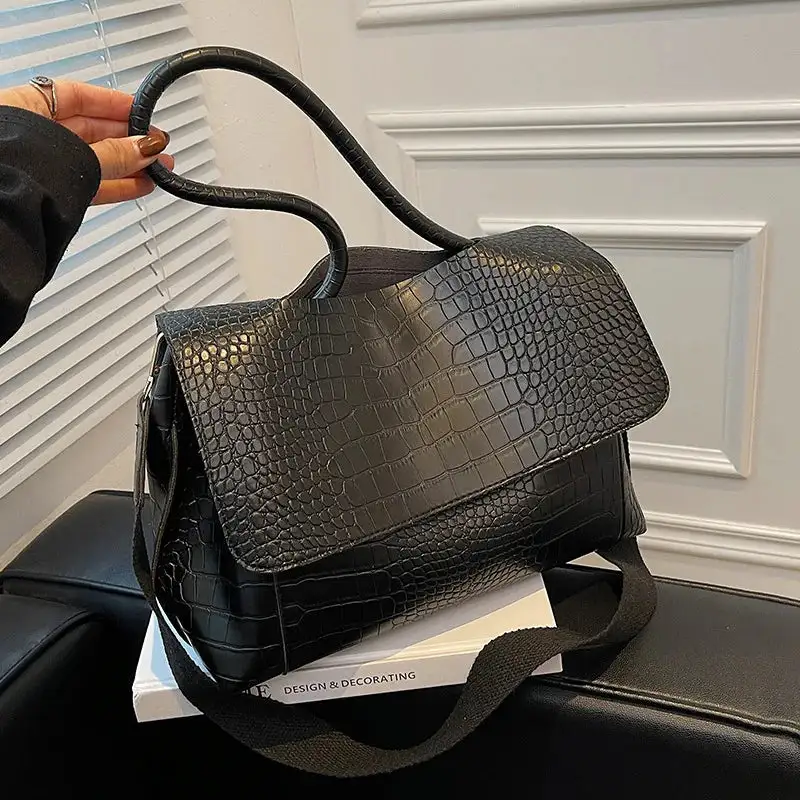 Chic Espresso Croc Embossed Shoulder Bag