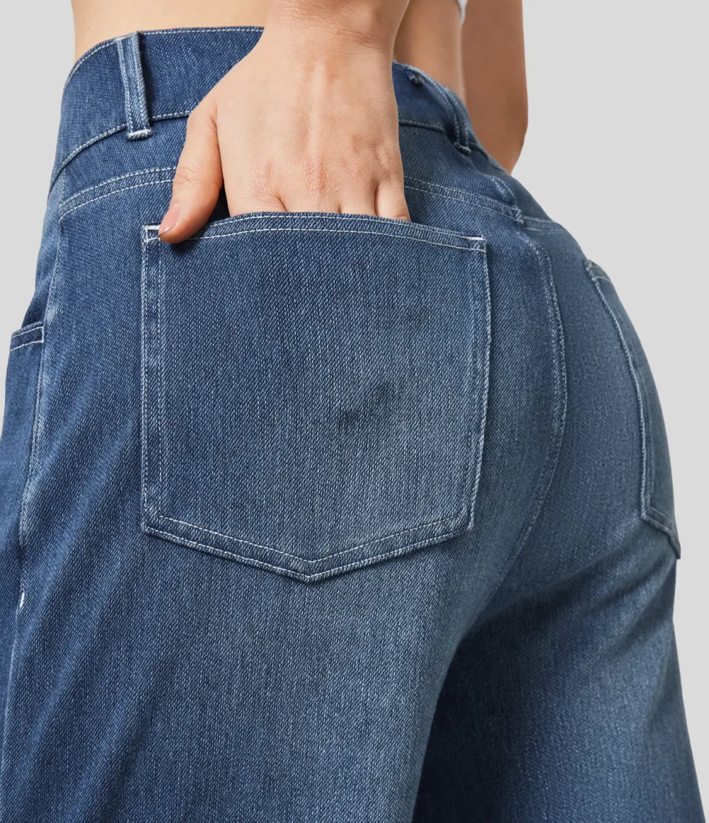 Magic High Waisted Decorative Button Multiple Pockets Straight Leg Stretchy Knit Casual Boyfriend Jeans