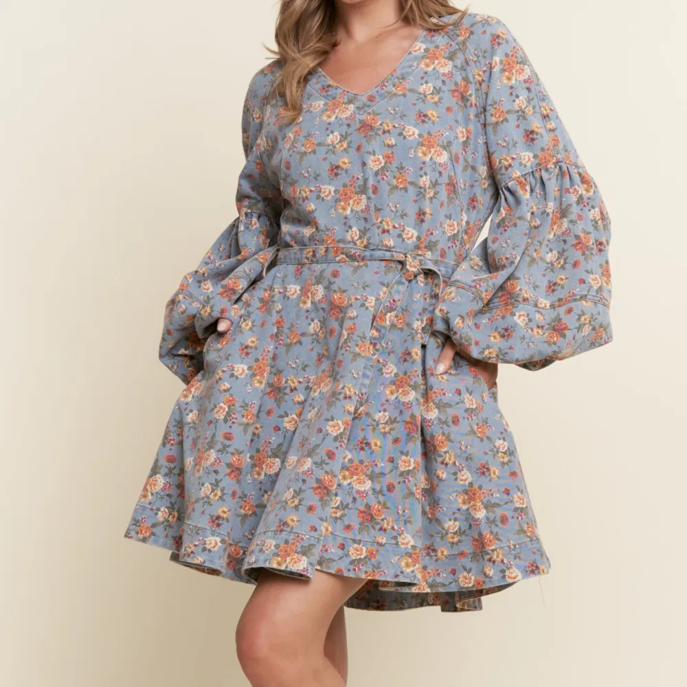 Floral Denim Balloon Sleeve Dress