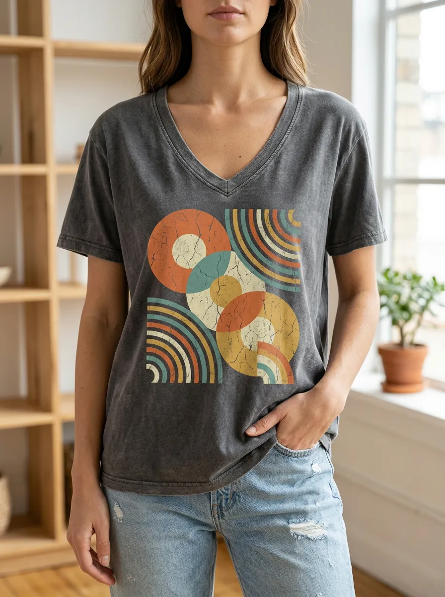 Women's Retro Geometric Abstract Circles Printed V-Neck T-Shirt