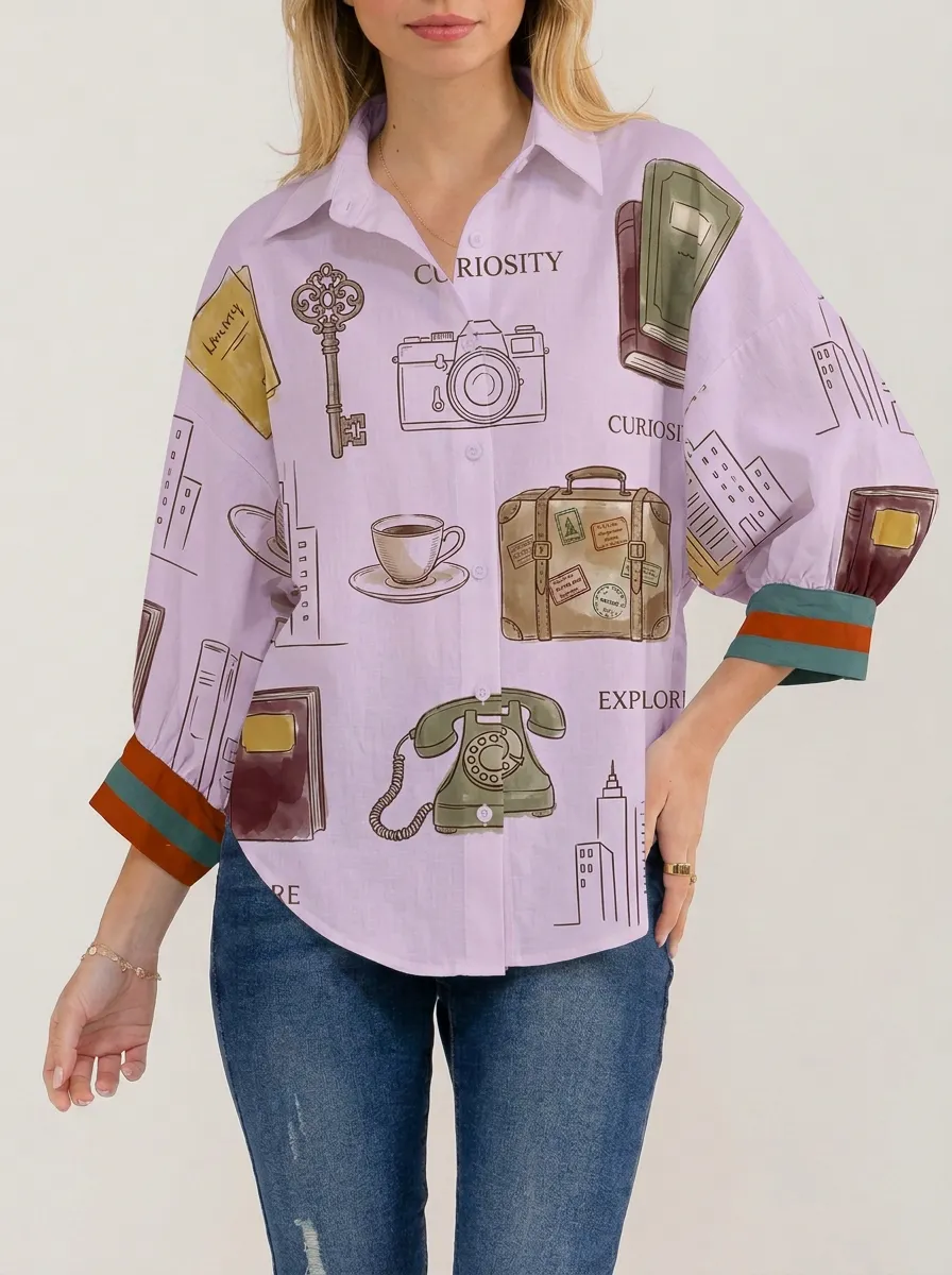 Women's Travel Vintage Object Graphic Button-Up Shirt