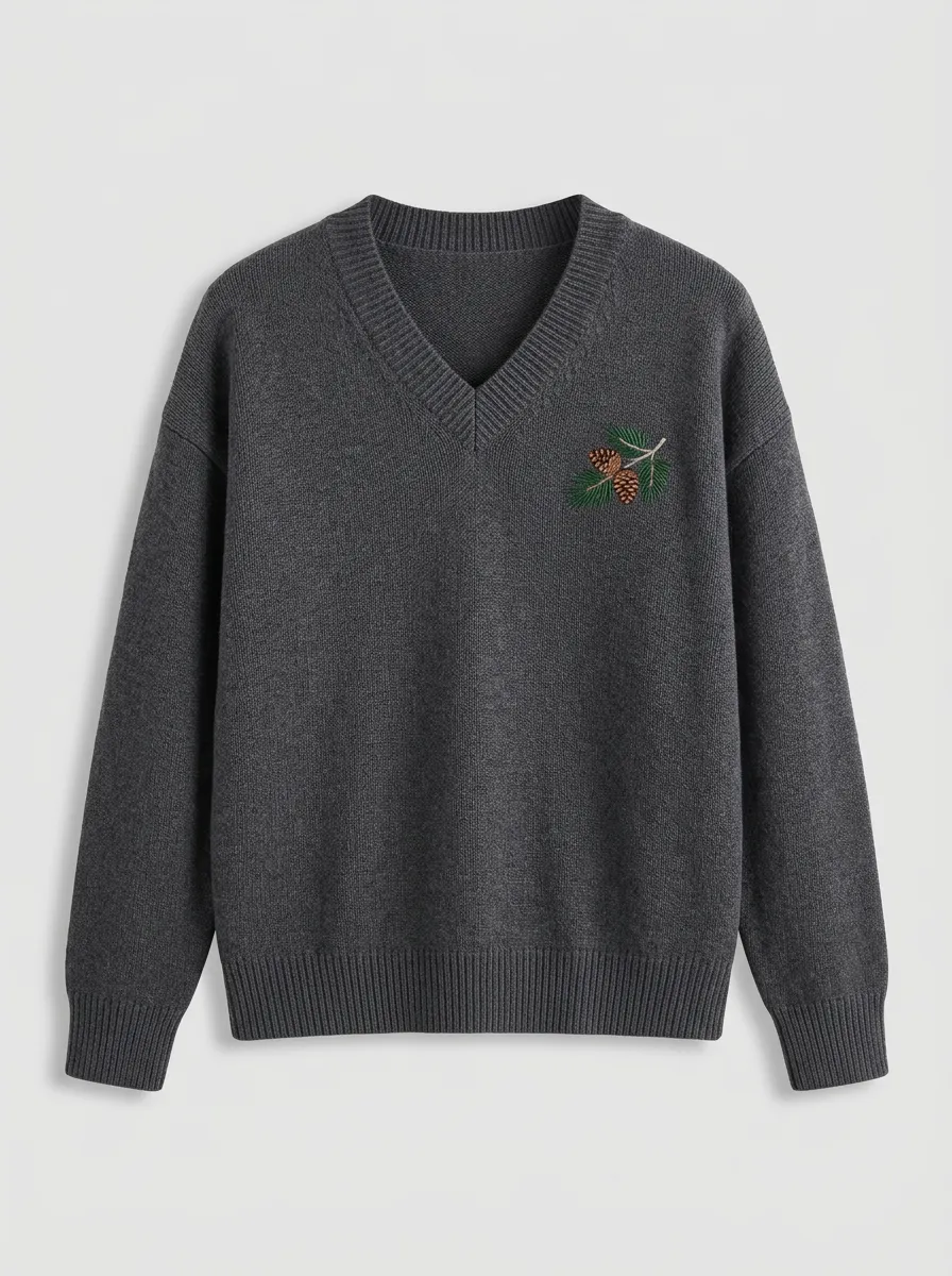 Men's Pinecone Branch Embroidered V-Neck Knit Sweater