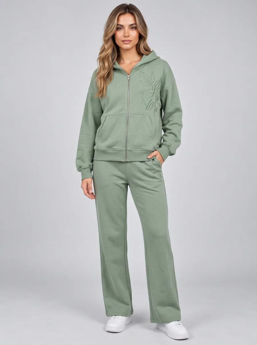 Women's Sage Green Floral Line Art Embroidered Zip-Up Hoodie Jacket & Wide-Leg Pants Set