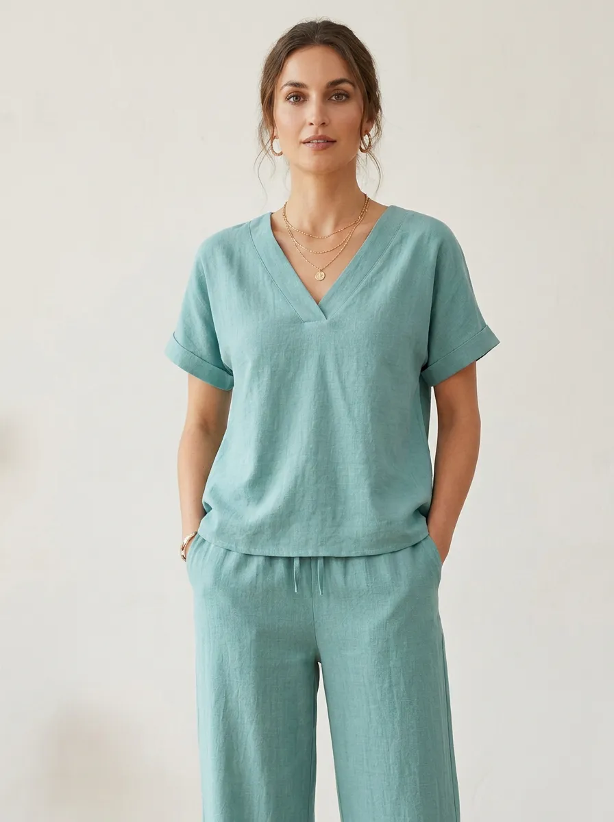 Button-Front Relaxed Women's V-Neck Casual Lounge Set