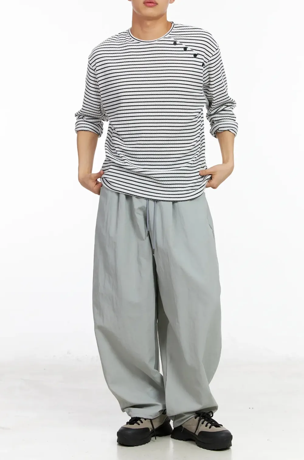 Men's Button-Accent Stripe Long Sleeve Tee