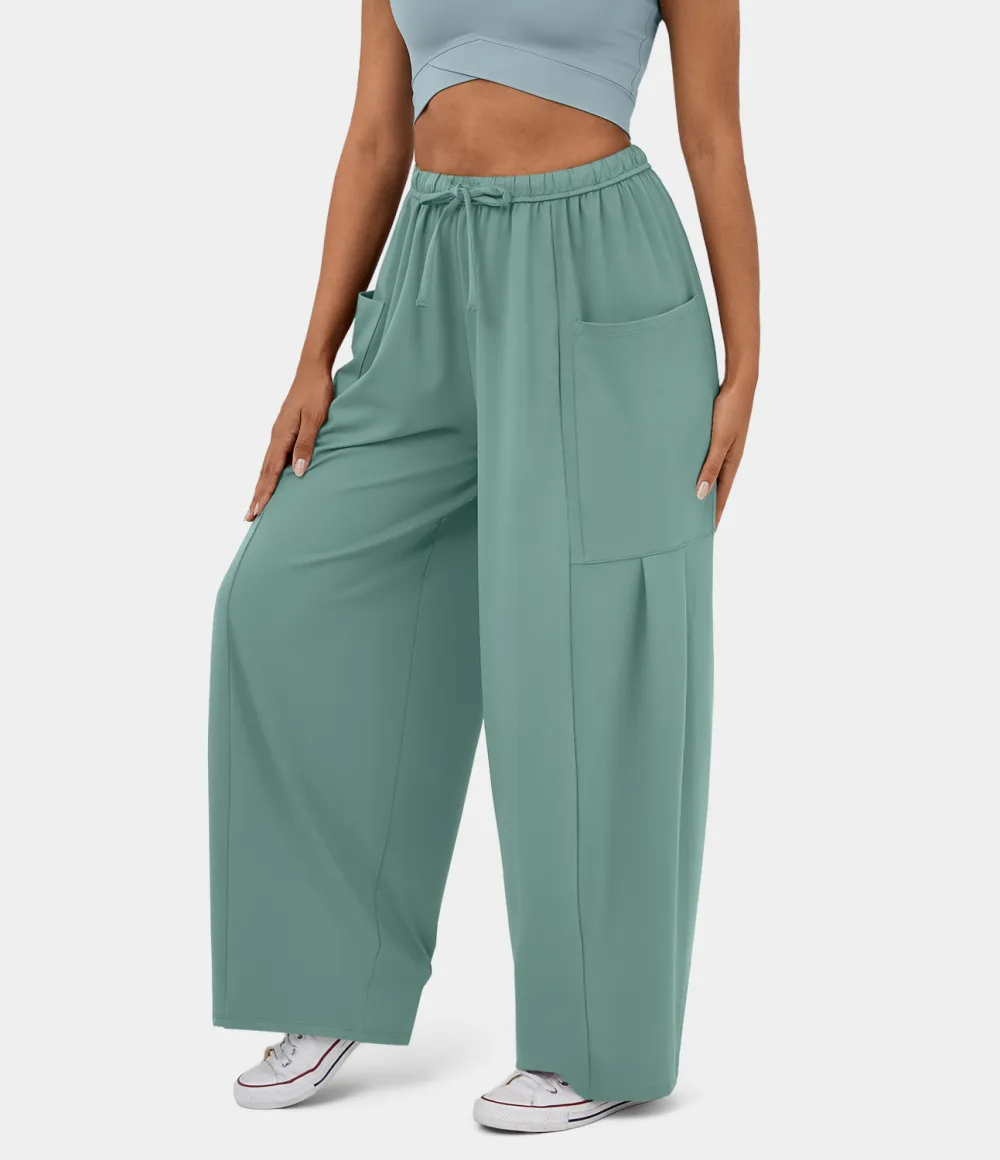 Mid Rise Elastic Waistband Drawstring Side Pocket Palazzo Flowy Wide Leg Casual Pants