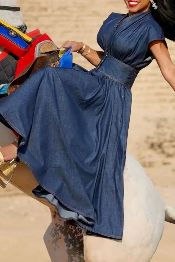 Blue Denim V-Neck Midi Dress