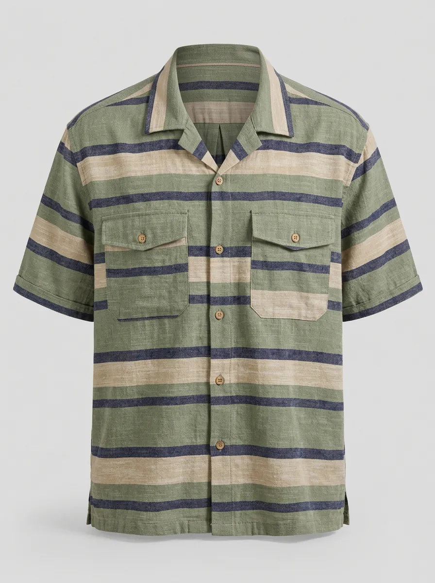 Men's Casual Summer Green Striped Pattern Printed Short Sleeve Shirt