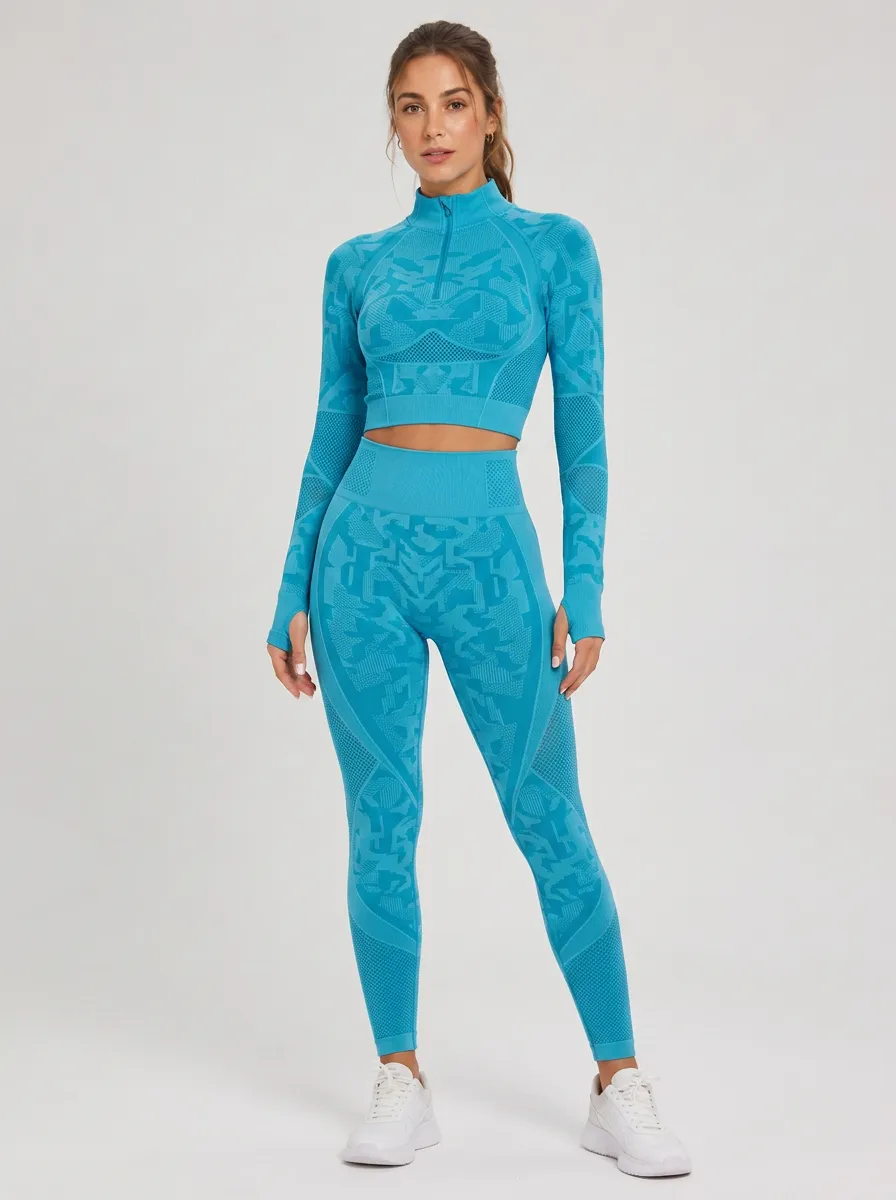 Women's Fitness Gym Blue Geometric Pattern Printed Yoga Set