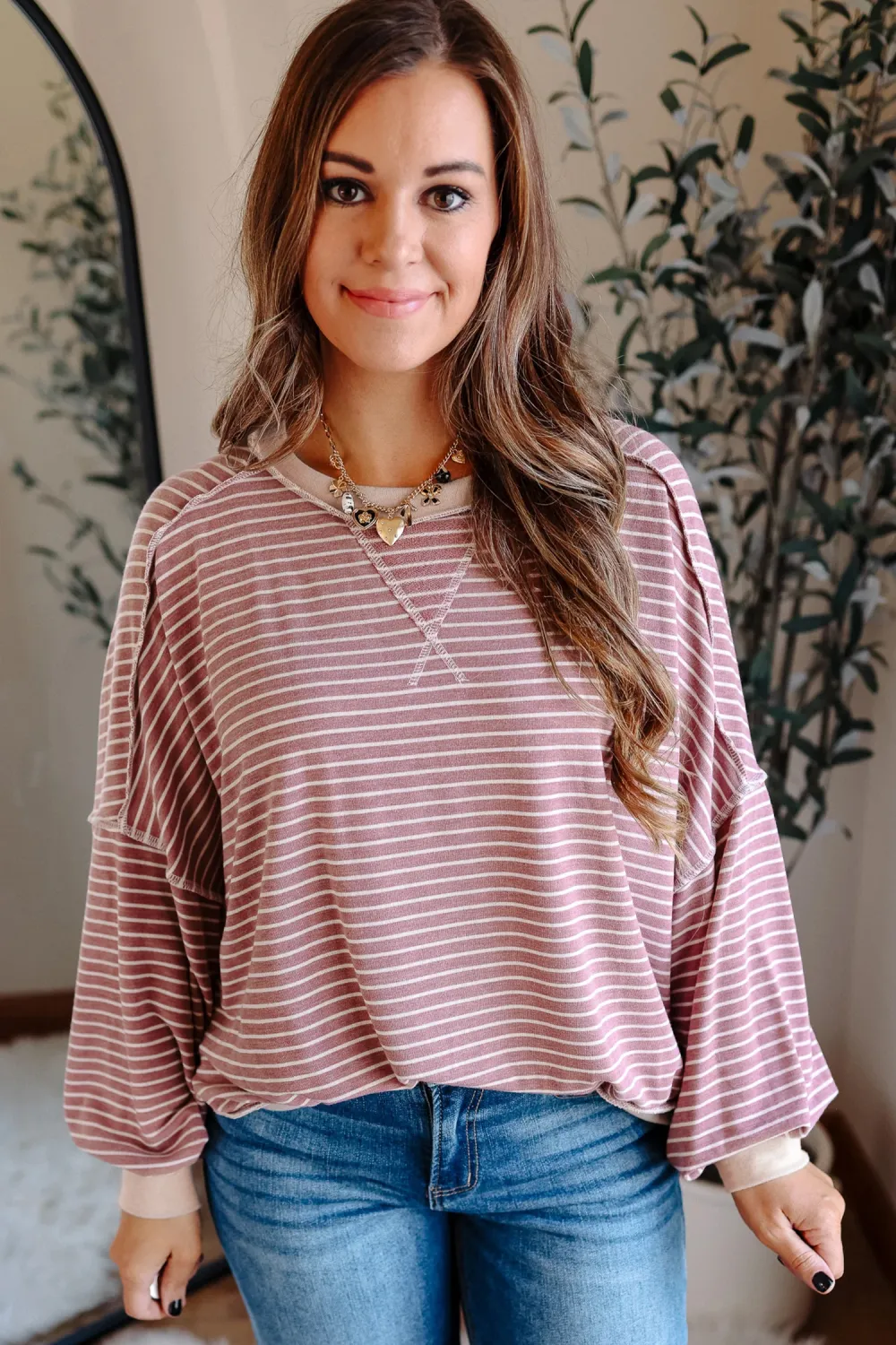Pink Stripe Exposed Stitching Patchwork Top
