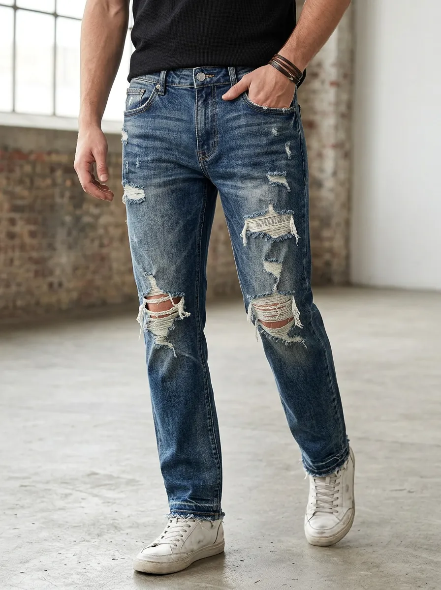 Men's Distressed Ripped Denim Slim Fit Jeans