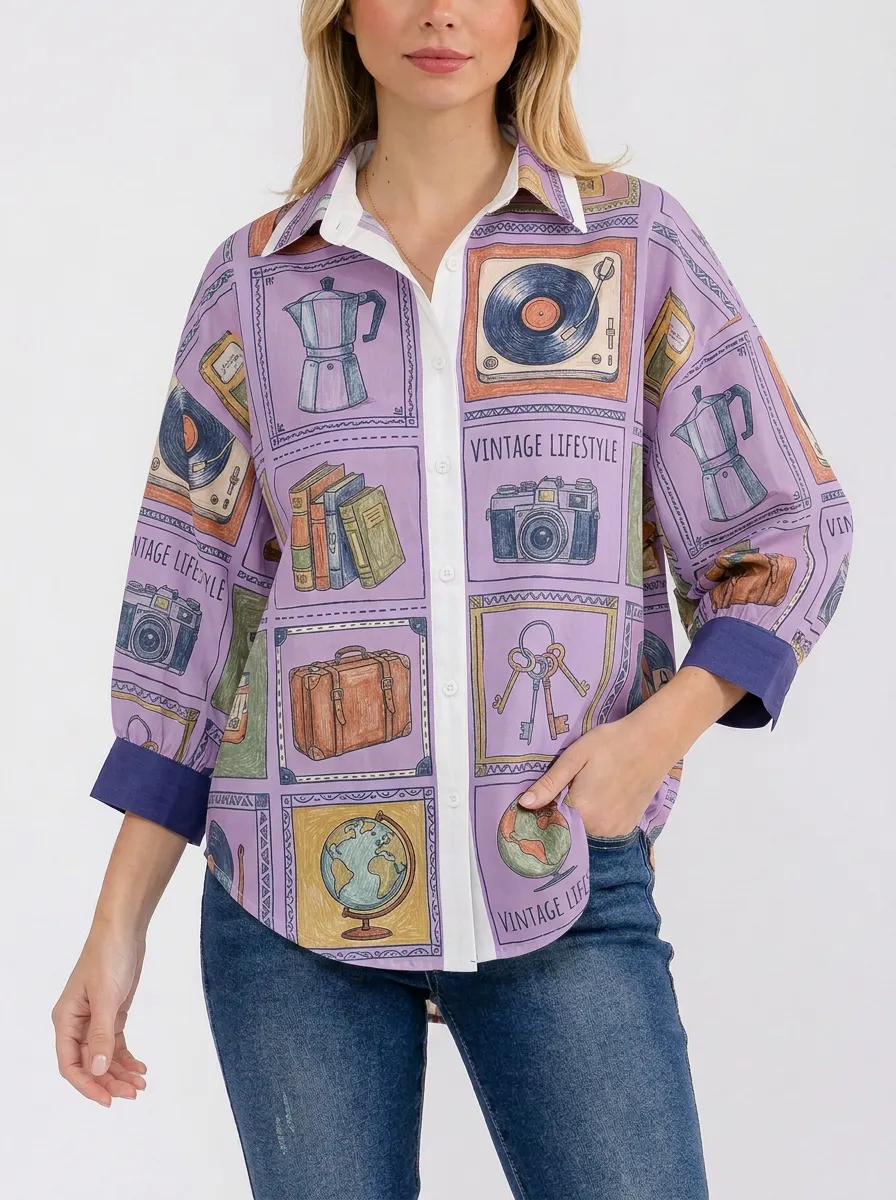 Women's Vintage Lifestyle Retro Objects Printed Button-up Shirt