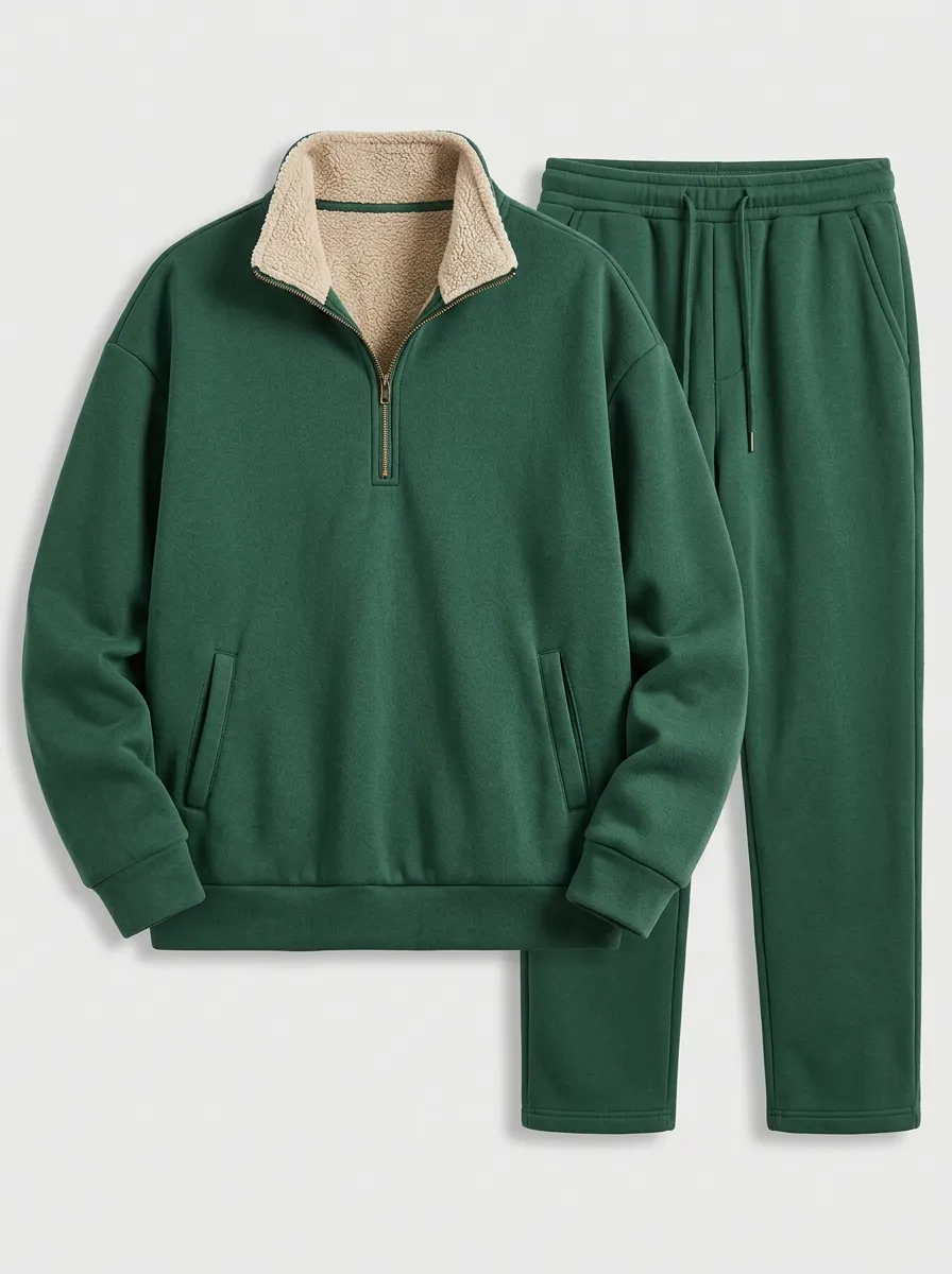 Men's Sherpa-Lined Green Winter Quarter-Zip Pullover with Joggers