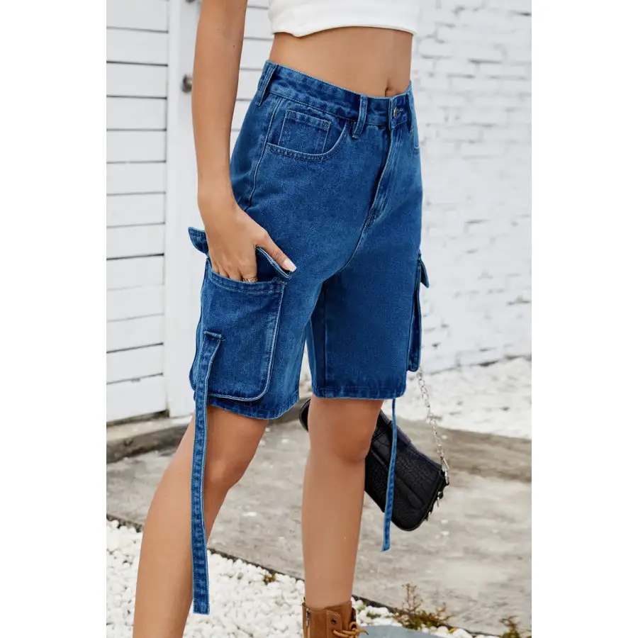 Pocketed Cargo Washed Denim Shorts