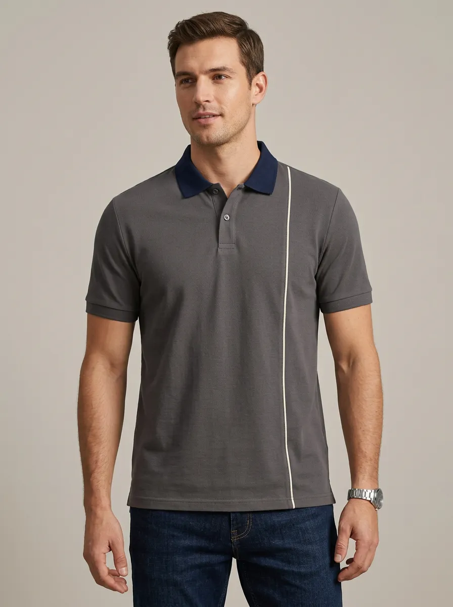Men's Casual Business Vertical Stripe Contrast Collar Polo Shirt