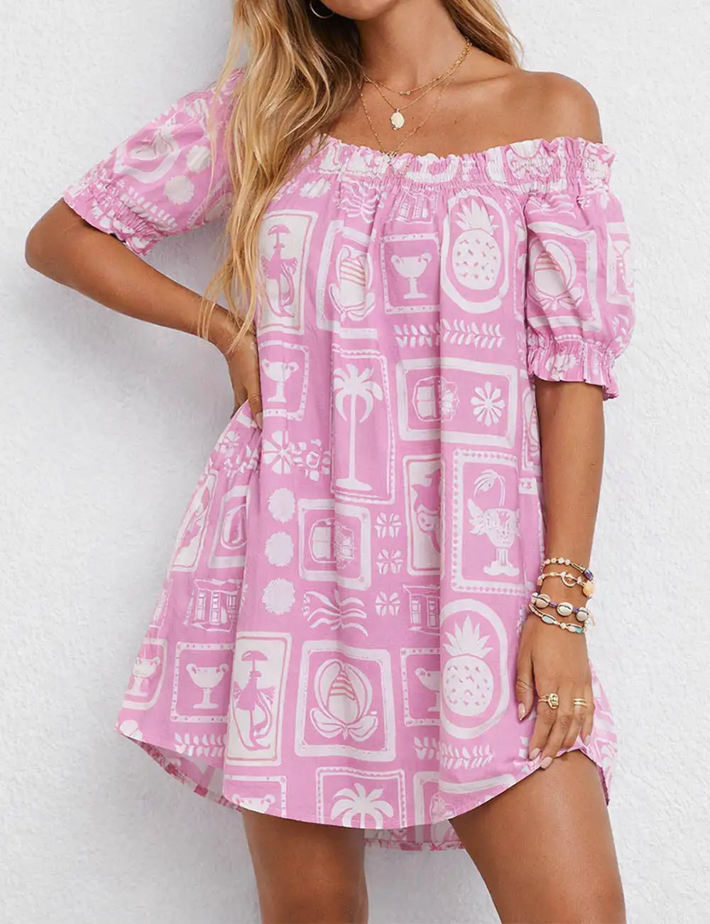 Boho Tropical Off Shoulder Babydoll Mini Dress