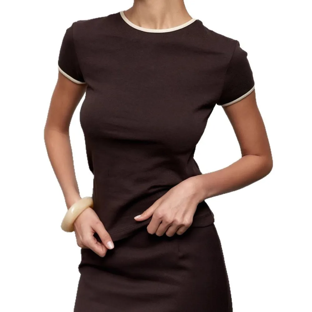 Classic Ribbed Color Block Round Neck Short Sleeve T-Shirt