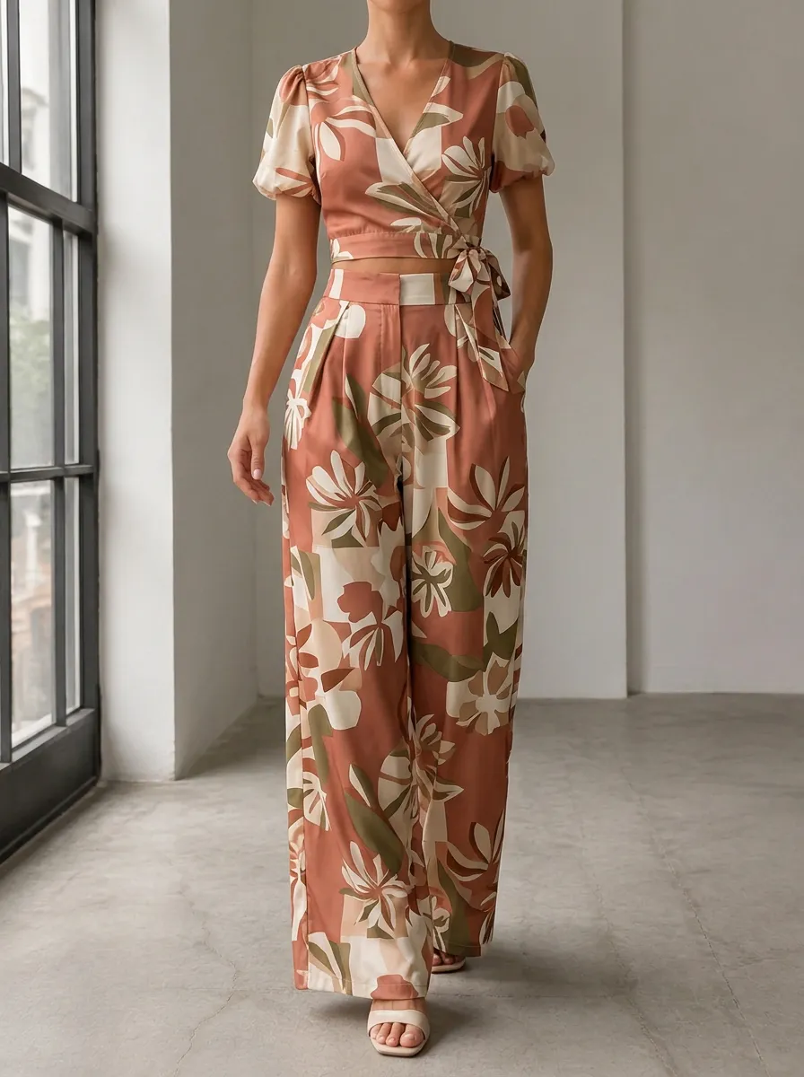 Women's Tropical Floral Wrap Patterned Crop Wide Leg Pants Set