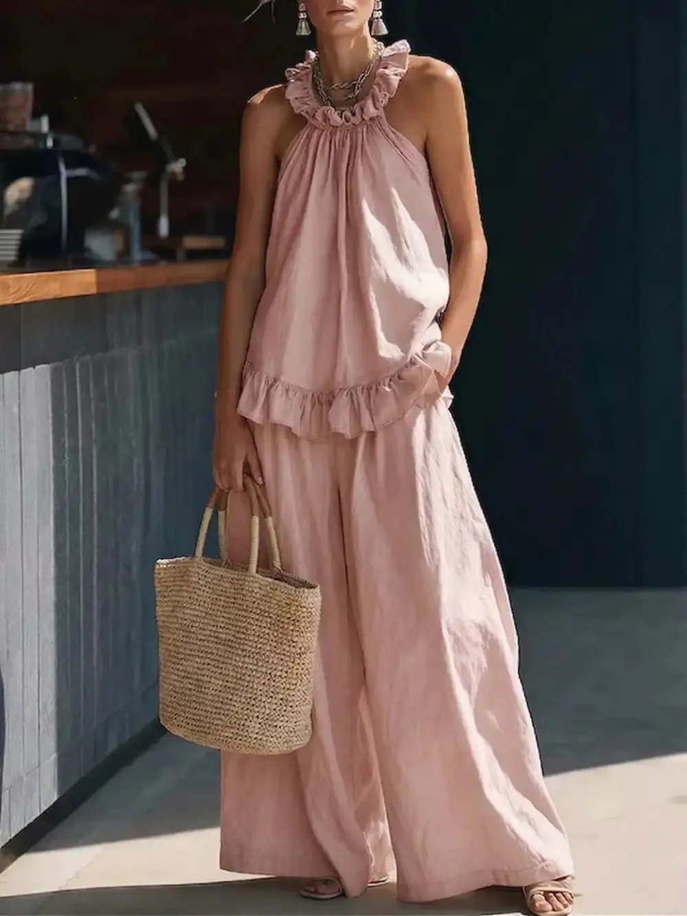 Full Size Ruffled Halter Neck Top and Wide Leg