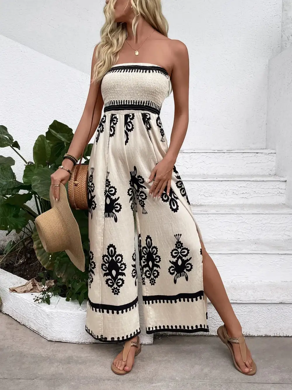 Smocked Printed Wide Leg Everyday Jumpsuit
