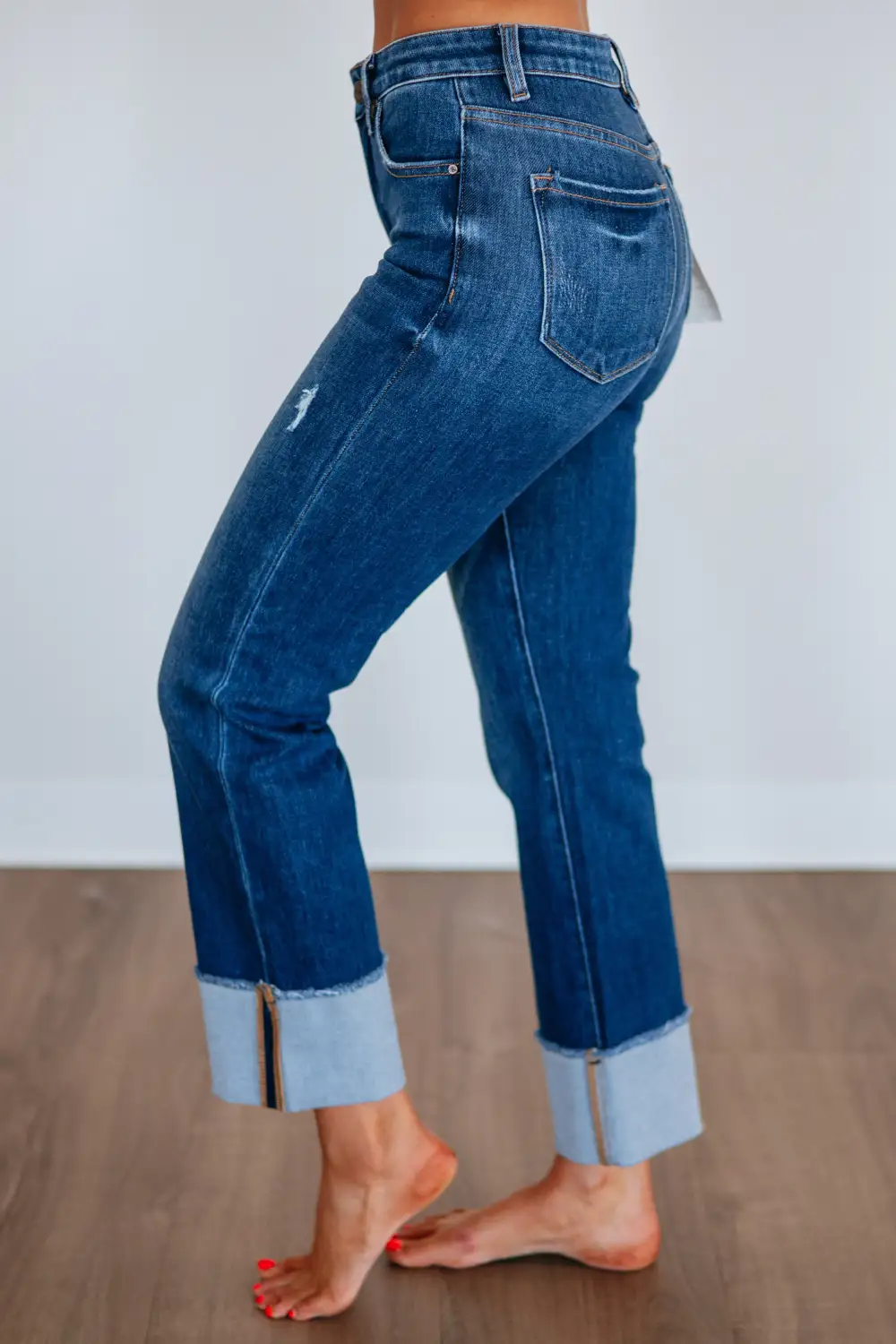 Women's Mid Rise Straight Leg Cuffed Hem Jeans