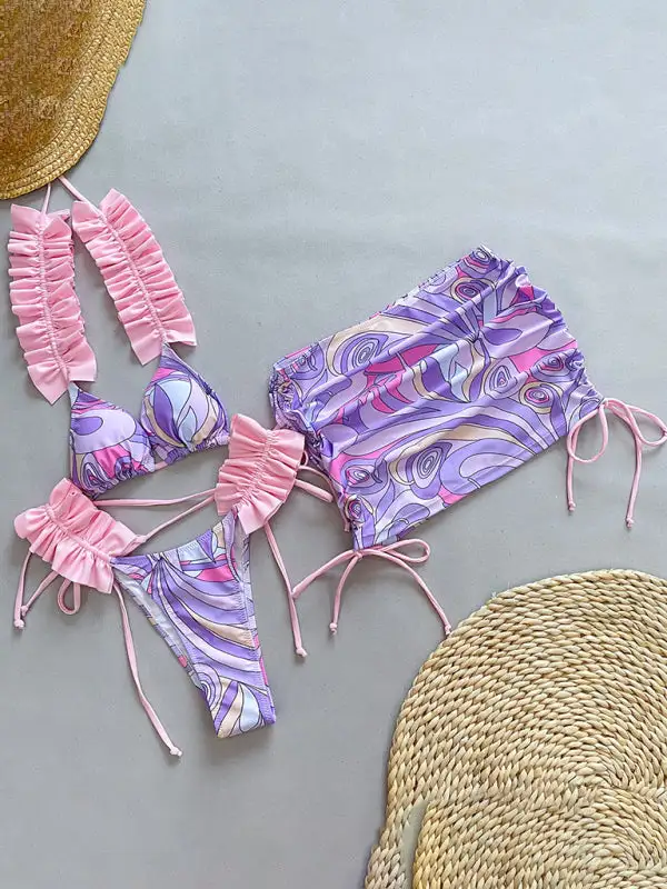 Layered Ruffled Edge Split Bikini Swim Set