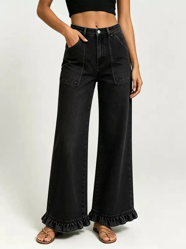 Women' High-Waisted Wide-Leg Ruffle Hem Jeans