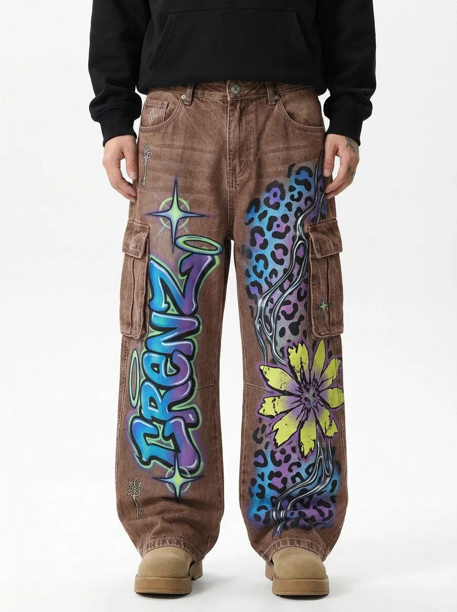 Men's Streetwear Graffiti Leopard Flower Mixed Motif Cargo Jeans