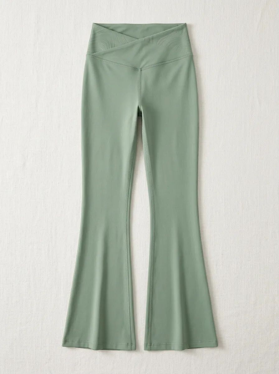 Women's Yoga Fitness Sage Green Cross-Waist Printed Flare Leggings