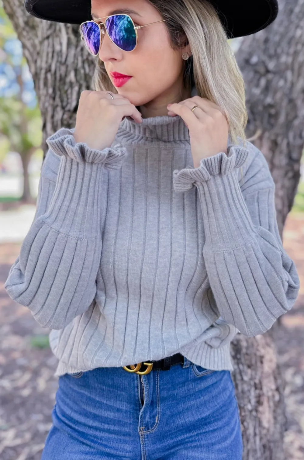Knit Ribbed Ruffle Trim Sweater