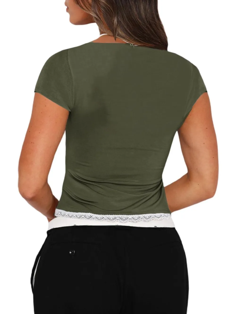 Short-Sleeve Bow-Detail Lace-Detail Cotton T-Shirt