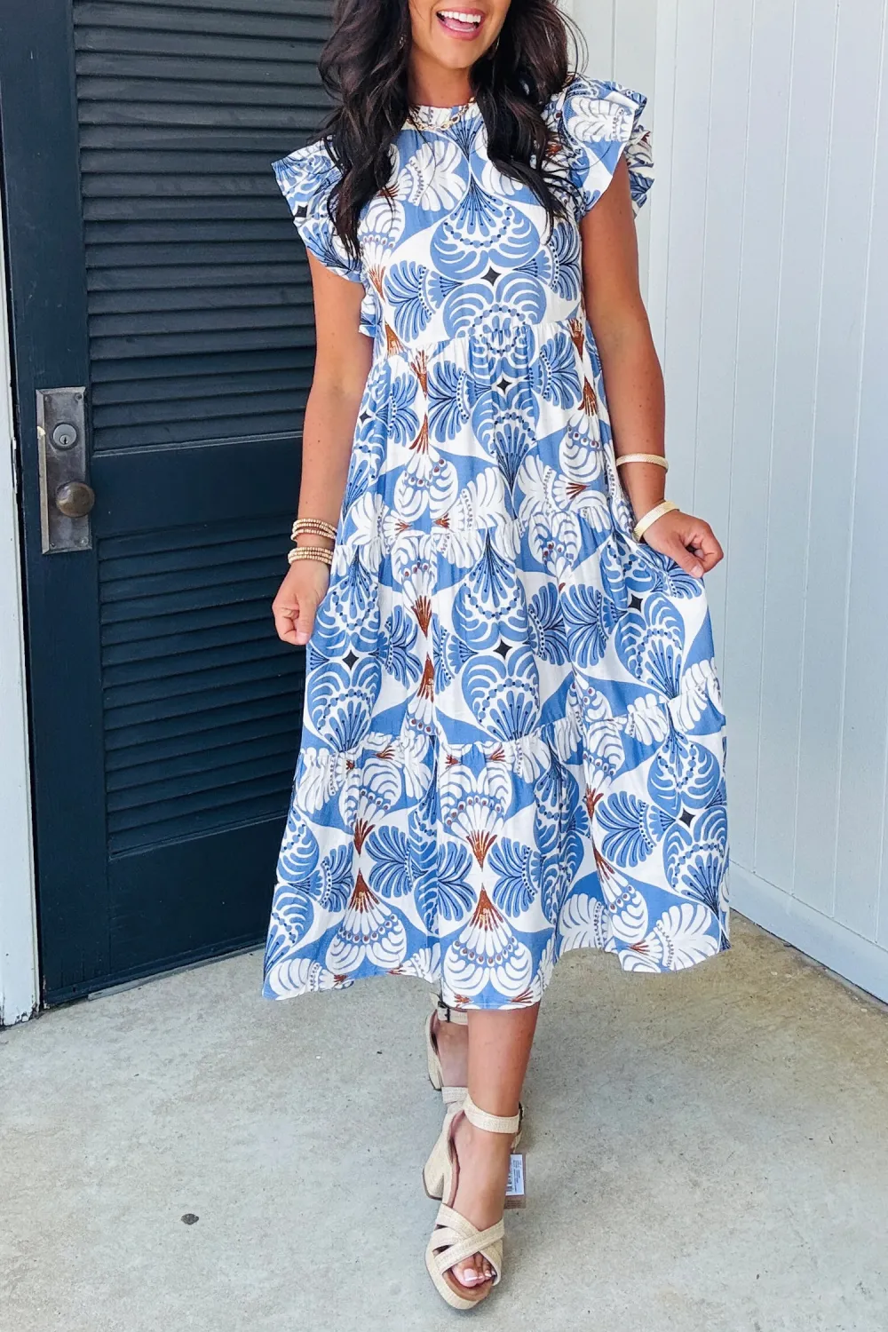 Blue Botanical Flutter Sleeve Dress