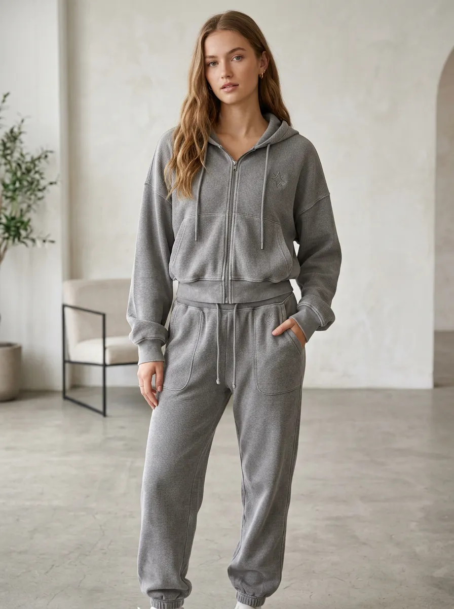 Women's Minimalist Star Embroidered Waffle Knit Zip-up Hoodie Jogger Set